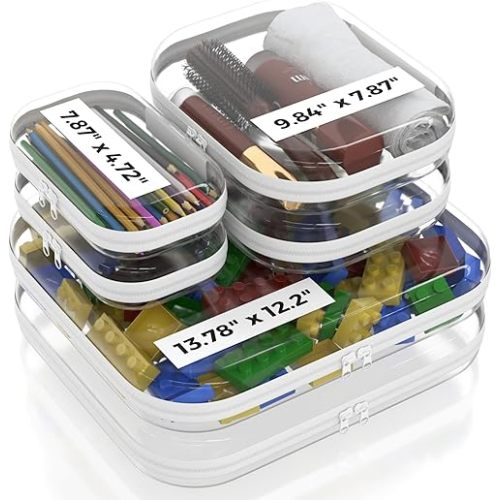 Extra Large 13.7" Durable Clear Hard Shell Zipper Case 6 Pack, 2x Large, 2x Medium, 2x Small, Clear Travel Makeup Case, Hard Plastic Travel Toiletry & Cosmetic Bag, Toy & Make Up Organizer Pouch