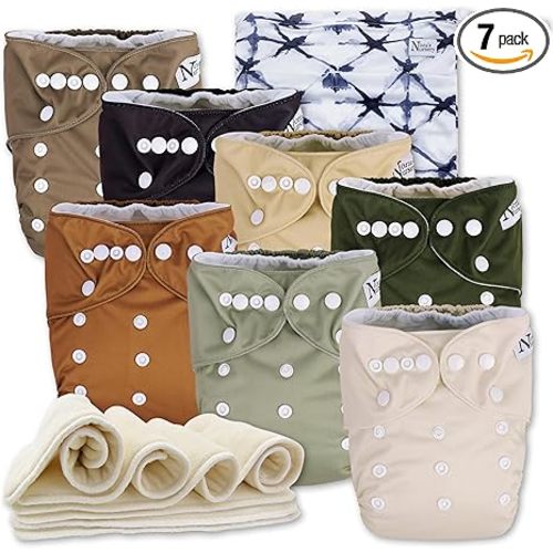 Nora's Nursery Cloth Diapers 7 Pack with 7 Inserts & 1 Wet Bag - Waterproof Cover, Washable, Reusable & One Size Adjustable Pocket Diapers for Newborns and Toddlers - Down to Earth