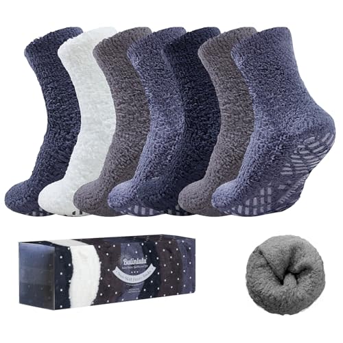 Bulinlulu Fuzzy Socks with Grips Plush Sleep Cozy Winter Soft Hospital Fluffy Socks Gifts for Womens Mens Gifts