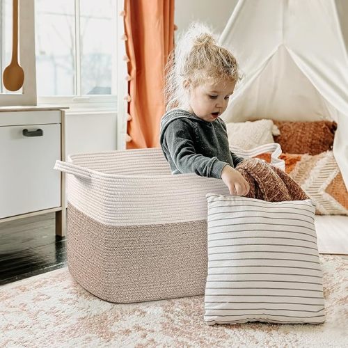 Goodpick Blanket Basket, Woven Baskets for Storage, Extra Large Storage Basket, Blanket Basket Living Room, Rectangle Cotton Rope Basket for Toys, Dirty Clothes, 23.6" x 15.7" x 13.8", 85L - White & Light Brown - X-Large(23.6"L x 15.7"W x 13.8"H)