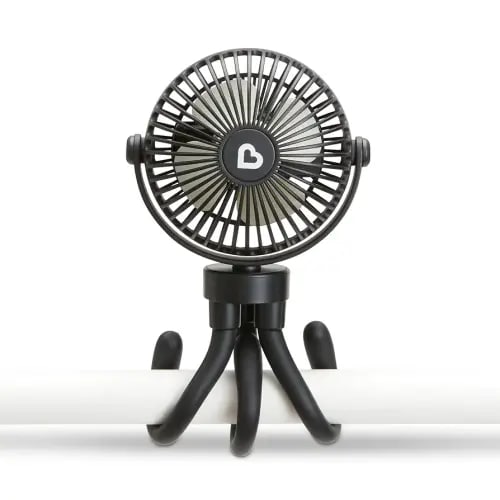Munchkin Stroller Fan - Portable Fan for Travel, Baby Gear Accessory with 4 Speeds, Flexible Clip-on Leg Attachment, Rechargeable Battery, Black with Multicolored LED Lights
