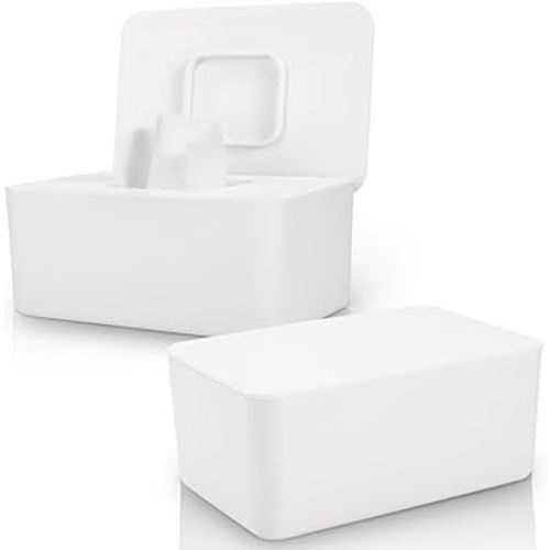 2 Pack LEQXGO Baby Wipes Dispenser, Wipes Dispenser Baby Wipes Case, Baby Wipe Holder for Fresh Wipes, Non-Slip Wipes Case, Wipe Container with Sealing Design Lid (White and White)