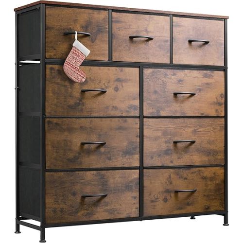 WLIVE 9-Drawer Dresser, Fabric Storage Tower for Bedroom, Hallway, Entryway, Closet, Tall Chest Organizer Unit with Fabric Bins, Steel Frame, Wood Top, Easy Pull Handle, Rustic Brown Wood Grain Print