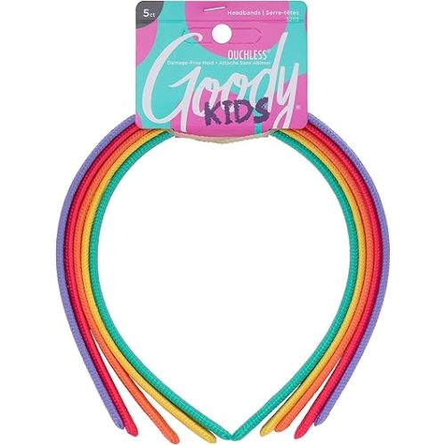 Goody Kids Ouchless Classic Headband , Assorted Colors - For All Hair Types - Beautiful Design for Instant Style - Pain-Free Hair Accessories for Boys, and Girls, 5 Count (Pack of 1)