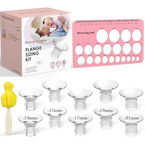 Nursi Luna Flange Sizing Kit with 10PCS Flange Inserts 13/15/17/19/21mm, Nipple Measurement Tool Ruler, Cleaning Brush, Silicone Flange Insert Kit for 24mm Most Pumps, Pumping Breastfeeding Essentials
