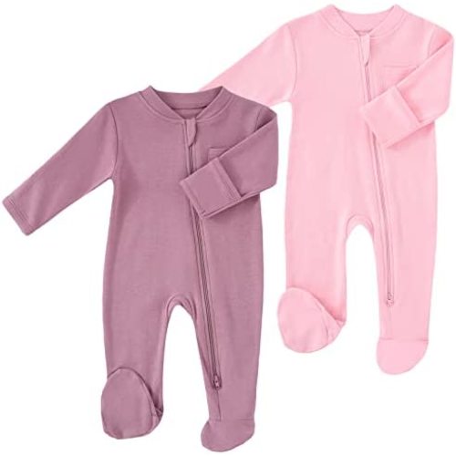 Baby 2 Way Zipper Girls Boys 100% Cotton Footed Sleep and Play with Mitten Cuffs 0-12 Months