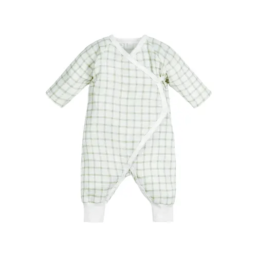 Under The Nile Organic Cotton Muslin Side Snap Kimono - Sage Windowpane, 0 to 3 Months