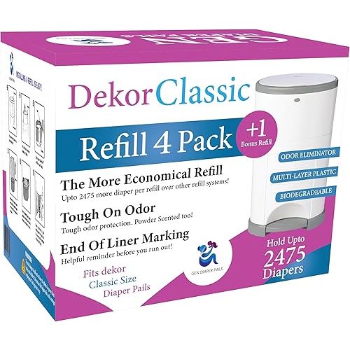 Pack of 4 +1 More Diaper Refill Liners Refills Compatible with DEKOR CLASSIC Diaper Pails Exclusive 30% Extra Thickness Diaper Pail Refills with Powerful Odor Elimination Leakage-proof, Powder Scent