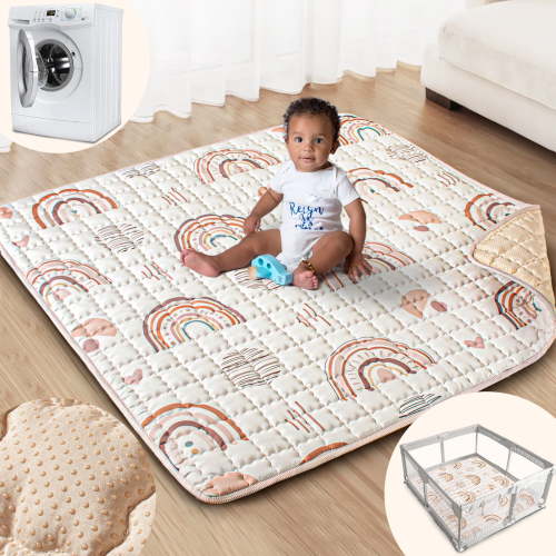 Beavtaens Baby Play Mat for Floor, 50x50 Playpen Mat with Super Soft Touch, Play Pen Mats with Upgraded Anti-Slip Bottom, Machine Washable (Boho Rainbow)