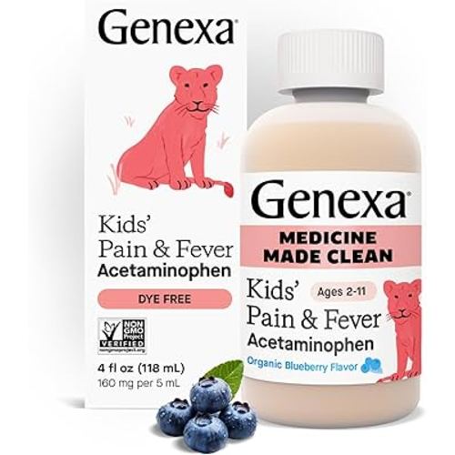Genexa Kids’ Clean Pain & Fever Acetaminophen, Dye Free, 0% Artificial Additives, Delicious Organic Blueberry Flavor, Liquid Oral Suspension Medicine for Children 2-11, 160 mg per 5mL, 4 fl oz