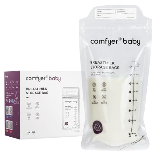 Comfyer 150 Pcs Breastmilk Storage Bags, 8oz Large Capacity, No Leak, Easy Storage with Self Sanding or Lay Flat, in-Out Seperate Design, Recyclable & BPA Free