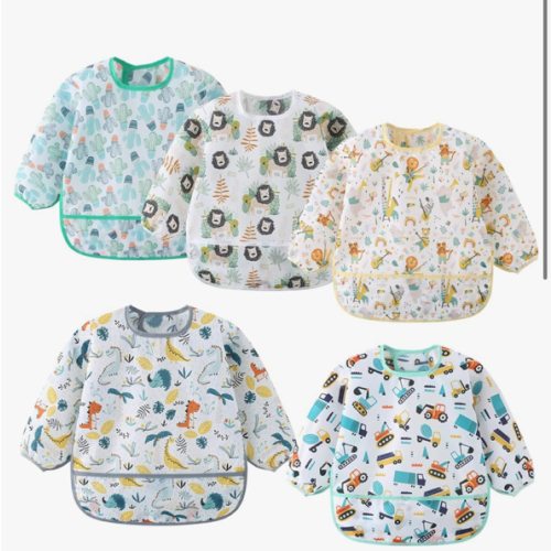 5 Pack Long Sleeve Bib,Baby Toddler Waterproof Sleeved Bib for 6-30 Months Reusable with Catch-all Pocket