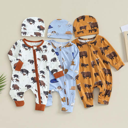 Baby Girl Boy 2Pcs Western Clothes Long Sleeve Cow Print Romper Zipper Jumpsuit Hat Fall Winter Set Outfit