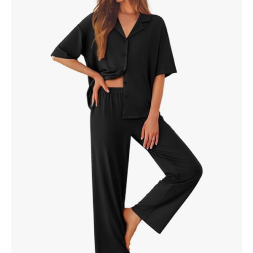 Ekouaer Women Pajamas Set Button Down Sleepwear Short Sleeve Pjs Soft Comfy Nightwear with Long Pants S-XXL