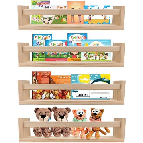 Nursery Book Shelves Set of 4,Wood Floating Nursery Shelves for Wall,Wall Bookshelves for Kids,Bathroom Decor, Kitchen Spice Rack (Set of 4)