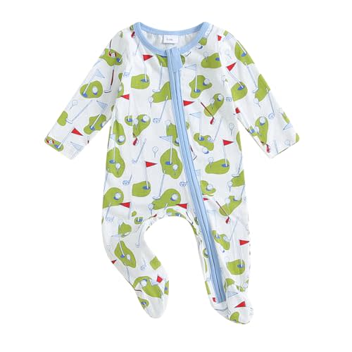 SAYOO Newborn Baby Girl Boy Golf Outfit Hole In One Golf Print Romper Jumpsuit Casual Full Length Footed Zipper Jumpsuit