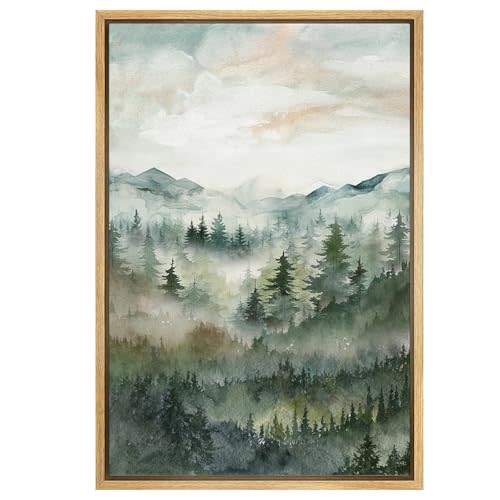 SIGNWIN Framed Canvas Print Wall Art Misty Forest Landscape Watercolor Serene Mountain Pine Trees in Fog Illustrations Modern Decorative Landscape for Living Room, Bedroom, Office - 16"x24" Natural