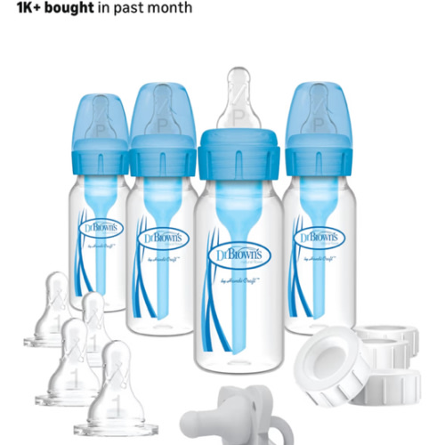 Amazon.com: Dr. Brown's Natural Flow Anti-Colic Options+ Narrow Breast to Bottle Pump & Store Feeding Set with Slow Flow Nipples, Baby Travel Caps and 100% Silicone HappyPaci One-Piece Pacifier, Blue : Baby