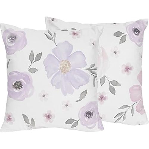Sweet Jojo Designs Lavender Purple Boho Floral Girl Decorative Throw Pillow Covers Couch Bed Home Decor Accent Set of 2 18x18 (Pillows NOT Included) Pink Grey Bohemian Farmhouse Shabby Chic Watercolor