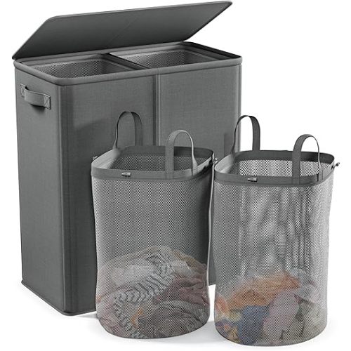 Raybee Laundry Basket with Lid,154L Clothes Hamper for Laundry Hamper 2 Section,Laundry Basket with Lid Collapsible Laundry Hamper with 2 Removable Washing Bags, Clothes Hamper (Grey, 154L)