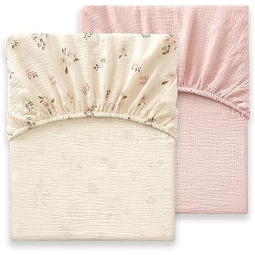 Heavyweight Muslin Baby Crib Sheets - 2PCS 52"x28" Neutral Fitted Crib Sheets for Boys Girls, Breathable Soft 100% Organic Cotton Standard Baby Mattress Sheet (Floral, Pink)