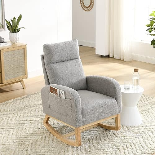 Nursery Rocking Glider Chair, Modern Fabric Tall Back Accent Rocker Chair Upholstered Arm Chair w/Side Pockets, Modern Leisure Single Sofa for Living Room, Hotel, Bedroom, Office, Grey