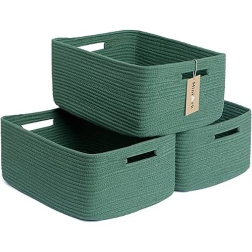 Large Storage Baskets for Shelves, Closet Organizers and Storage Bins for Clothes Blanket Towels, Baby Nursery, Toy Baskets Box, Woven Rope Baskets, 17 x 13 x 7.5”, 3 Packs Green