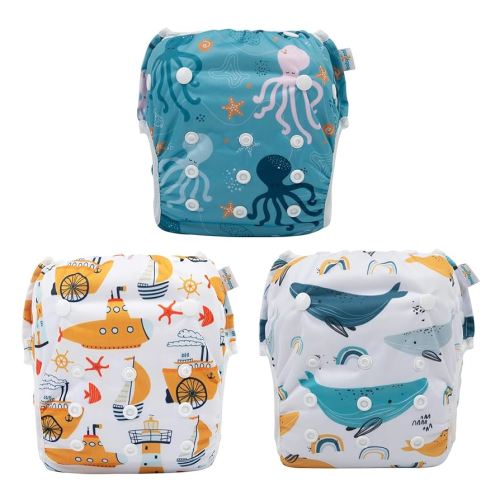 Babygoal Baby Swim Diapers 3 Pack for 0-8 Months Infant Girls and Boys, Reusable Adjustable Washable for Swimming Lessons-Shark & Octopus