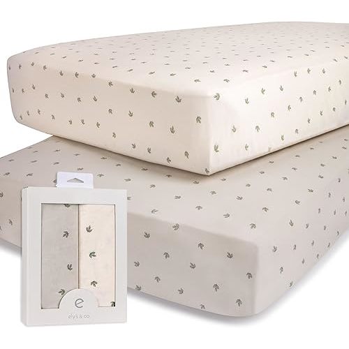 Ely's & Co. Crib Sheets Baby Girl/Boy Fitted Crib Mattress Sheet Set, 2 Pack, 100% Jersey Knit Cotton, Infant and Toddler Nursery Bedding, Neutral Taupe and Cream with Sage Vintage Print, 28” x 52”