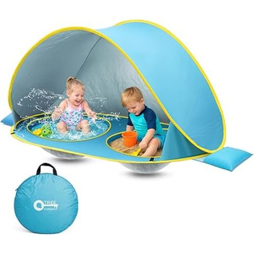 2-IN-1 Baby Beach Tent with 2 Pool for 2 kids,74.8*41.7*35.4 inch UV Protection Sun Shelter Pop Up Play Canopy, Easy setup portable tent for Beach,Camping,Picnic,Poolside,Indoor