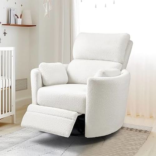 Jocisland Power Swivel Glider Rocking Recliner, Nursery Chair for Adults Reclining with 4 Massage, 2 Pillows, USB & Type-C Charge,Barrel Armchair Single Sofa for Living Room Bedroom, White