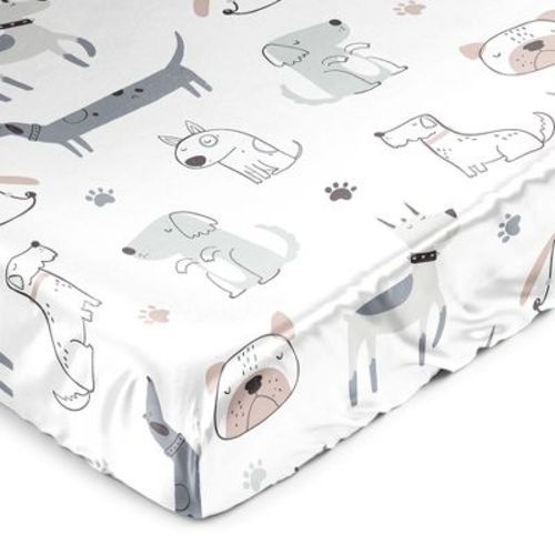 Sweet Jojo Designs Boy, Girl, Unisex/Gender Neutral Satin Fitted Crib Sheet Cartoon Puppy Grey Taupe and Blue