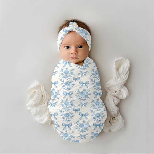 Baby Blanket Chinoiserie, Baby girl swaddle, Coquette baby girl, Baby shower gift, Swaddle set, Blue floral baby, French toile baby,