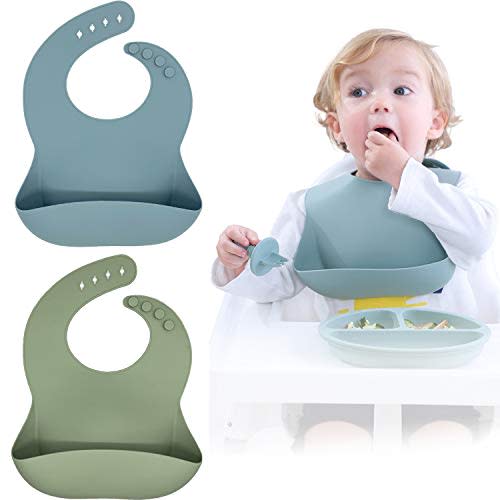 Blissbury Silicone Baby Bibs Set Of 2, BPA Free Waterproof Soft Durable Adjustable Silicone Bibs for Babies & Toddlers (Ether/Sage)
