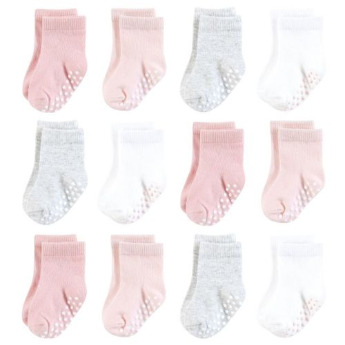 Hudson Baby Infant Girl Cotton Rich Newborn and Terry Socks, Pink Gray Basic