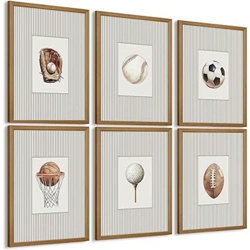 Sports Wall Art Decor Toddler Boys Room Canvas Prints Vintage Sports Nursery Wall Decor Baby Kids Poster Football Baseball Pictures Basketball Theme Artwork for Children Bedroom 8x10 Inch Wood Framed