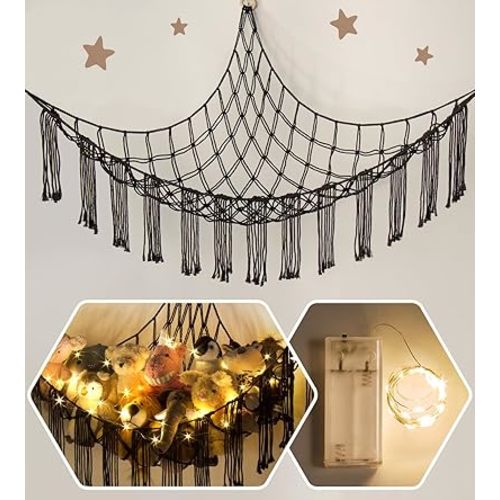 Macrame Stuffed Animal Hammock Corner with LED Light - Black Toy Storage Hammock Plushie Net Organizer Display - Teddy Bear Stuffy Hammocks - Boy Bedroom Decor Cool