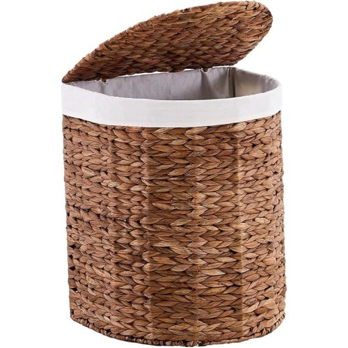 Half Moon Laundry Basket with Lid and 2 Replaceable Liner Bags, Handwoven Water Hyacinth Laundry Basket Natural Wicker Hamper for Dirty Clothes, Espresso