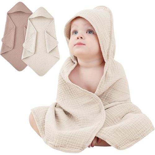 Susurration 2 Pack Baby Hooded Towels, 100% Cotton Soft and Absorbent Muslin Baby Bath Towel for Newborn, Infant, Girls, Boys, Baby Essentials