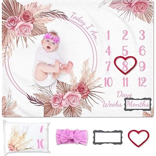 Baby Monthly Milestone Blanket for Girl - Soft Baby Age Month Blanket with Growth Chart - Boho Floral Photo Prop - Washable & Dryable & Headband, 50" x 40"