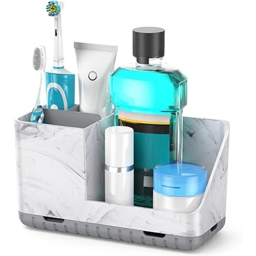 Toothbrush Holders for Bathroom Countertop, Kids Electric Toothbrush and Toothpaste Holder, Bathroom Accessories Vanity Organizer, Bathroom Organizers and Storage (Grey Marble Grain)