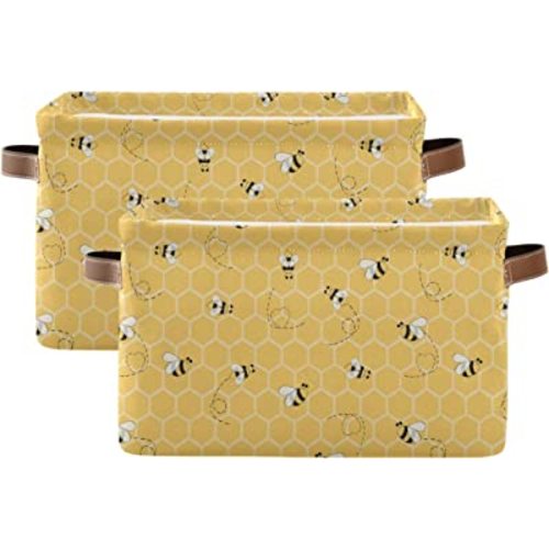 Storage Basket Cube Yellow Animal Bee Honey Comb Large Collapsible Toys Storage Box Bin Laundry Organizer for Closet Shelf Nursery Kids Bedroom,15x11x9.5 in,2 Pack