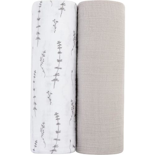 Ely's & Co. Muslin Swaddle Blanket 2-Pack — 100% Cotton Muslin Extra-Large Swaddle Blankets (47” x 47”) Solid + Printed (Forest Grey Delicate Leaves + Solid Pebble Grey)