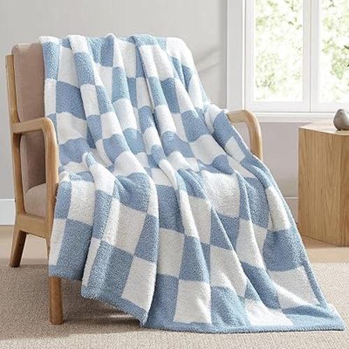 Checkered Throw Blanket for Couch, Bed, Sofa - Reversible Microfiber Soft Cozy and Warm Throws, Lightweight Fluffy Fuzzy Plush Home Decor Blankets for All Seasons (Blue, 50" x 60")