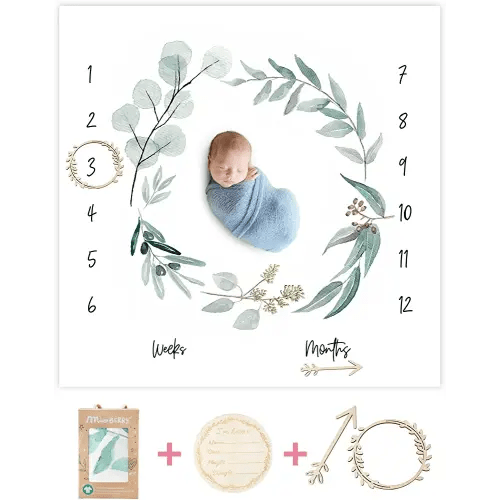 Organic Baby Monthly Milestone Blanket Newborn Boy Girl Unisex Gender Neutral| Green Leaf Wreath Eucalyptus Baby Nursery Month Picture Blanket| Growth Photography Background Prop|Birth Announcement