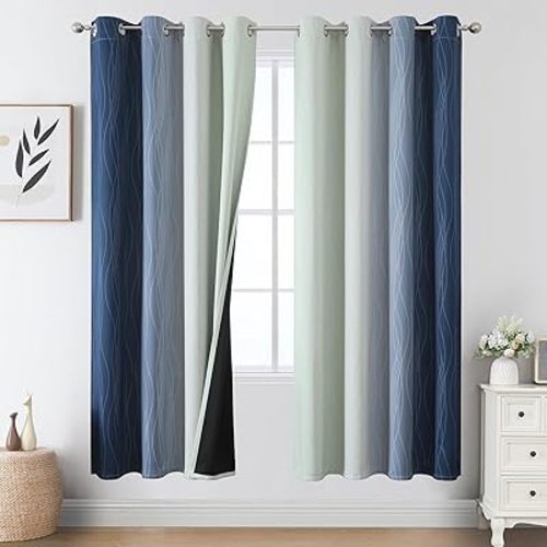 Estelar Textiler Navy Blue and Sage Green Ombre Blackout Curtains 72 Inch Length 2 Panels, Full Room Darkening Grommet Curtains for Bedroom, Thermal Insulated Light Blocking Gradient Drapes,52Wx72L