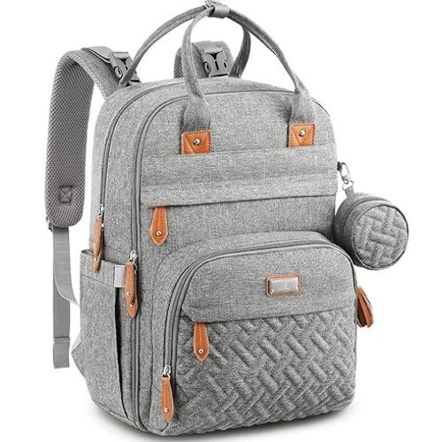 BabbleRoo Waterproof Diaper Bag Backpack - Baby Essentials Travel Tote - Multi function with Changing Pad, Stroller Straps & Pacifier Case - Unisex, Light Gray