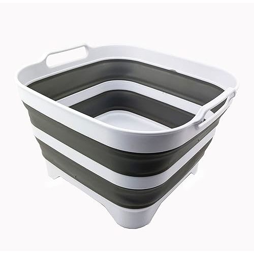 SAMMART 10L (2.64 Gallon) Collapsible Dishpan with Draining Plug - Foldable Washing Basin - Portable Dish Washing Tub - Space Saving Kitchen Storage Tray (White/Grey/White)