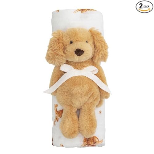 Mud Pie Golden Retriever Dog Baby Swaddle & Rattle Set