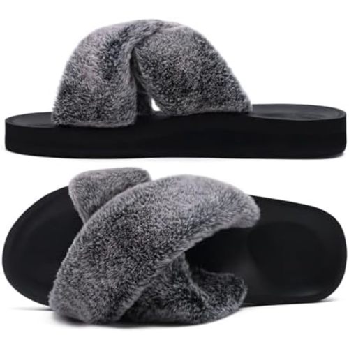 COFACE Womens Fuzzy Slides Fluff Faux Fur Cross Slippers Open Toe Yoga Mat House Slipper Sandals With Arch Support For Indoor/Outdoor